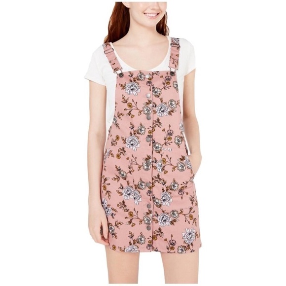 Love, Fire Light Pink Floral Button Down Overall Dress M - Picture 1 of 6
